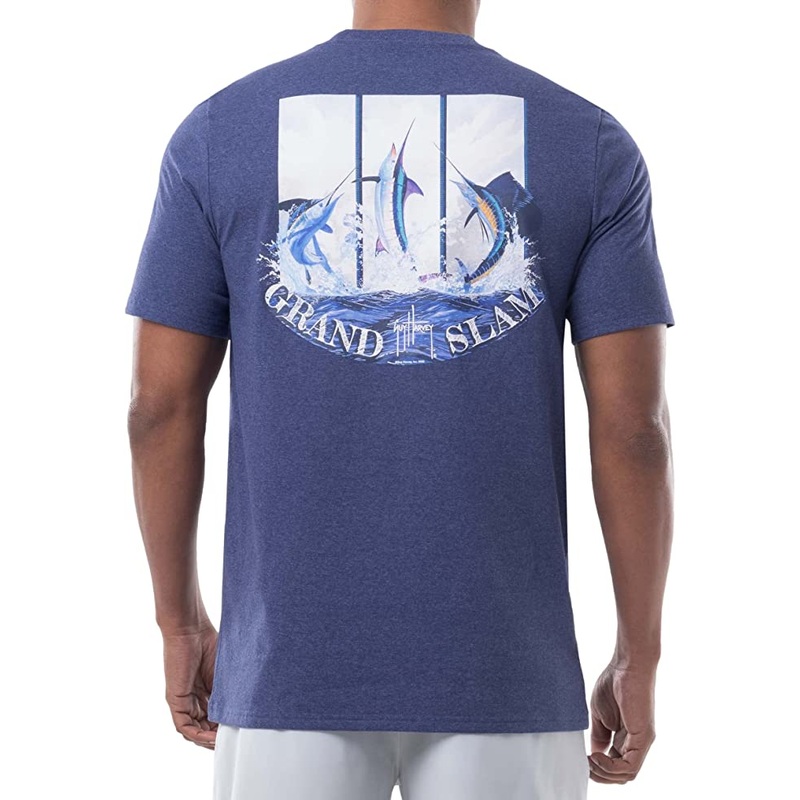 GUY HARVEY GRAND SLAM REGENERATED SS NO POCKET TEE HEATHER NAVY