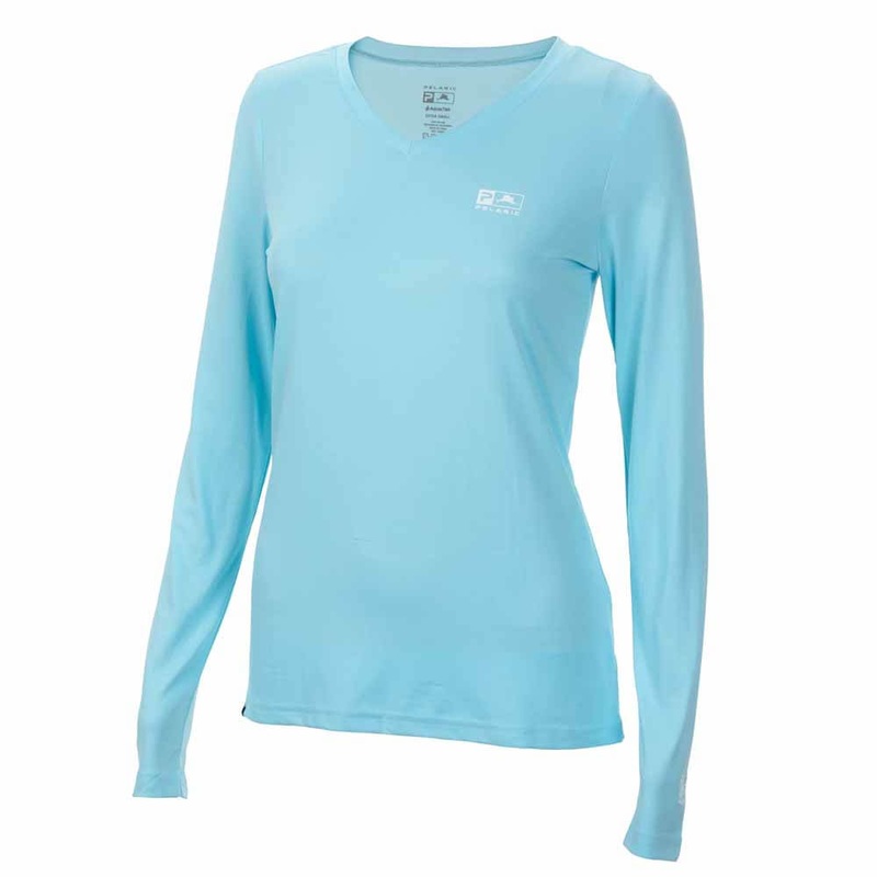 Pelagic Women's Light Blue Aquatek V Neck L/S Performance Shirt