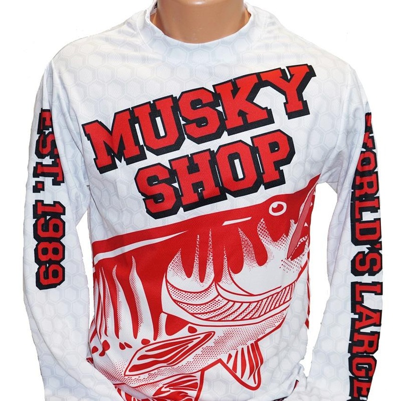 Musky Shop Long Sleeve Performance T-Shirt Crew Jersey Red White